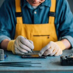 Focused Work: Detailed View of a Technician Repairing a Mobile Device.