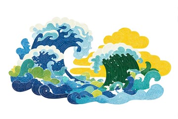 Stylized illustration of crashing ocean waves with yellow clouds against a white background