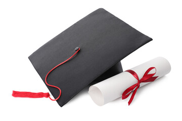 Graduation cap and diploma isolated on white