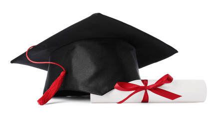 Graduation cap and diploma isolated on white