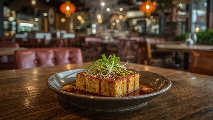 Fototapeta premium Fried Tofu with Sauce served in a restaurant.