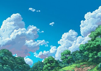 Lush green trees line a grassy hill under a vast blue sky filled with dramatic, billowing white clouds
