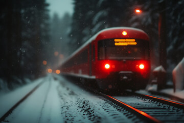 Fototapeta premium Crimson commuter train navigates snow-laden tracks, its red lights pierce the wintry gloom. Blurred forest backdrop enhances the atmosphere. Cold transport scene.