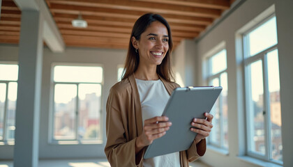 Woman holding clipboard, planning in empty room for home improvement. Home improvement design ideas in empty apartment, with happy woman smiling.