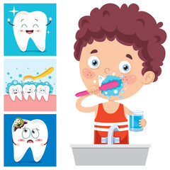 A delightful cartoon depicting a young boy brushing his teeth by the sink, promoting the significance of maintaining dental hygiene and achieving a bright, healthy smile.
