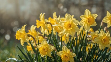 Fototapeta premium Beautiful blooming yellow daffodils outdoors on a sunny day