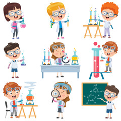 This dynamic image features children enthusiastically conducting chemistry experiments, showcasing the joy of scientific exploration and hands-on learning in a vibrant classroom setting.