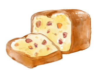 焼きたてで美味しそうなフルーツ入りのパウンドケーキの手描き水彩イラスト