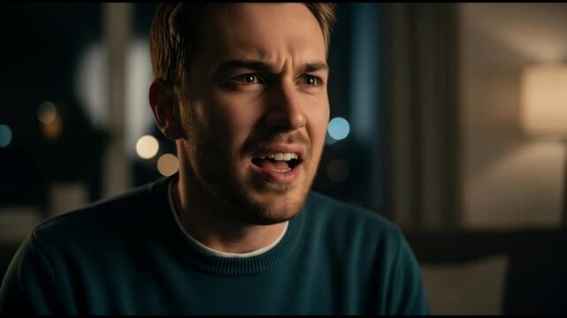 Emotional Man Reacting to News in Dimly Lit Room - Close-Up Shots
