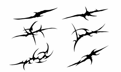 Set of abstract tribal shapes with a stiff touch vector design, gothic streetwear elements isolated on white background
