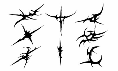 Set of abstract tribal shapes with a stiff touch vector design, gothic streetwear elements isolated on white background