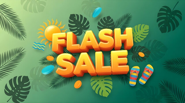 Lush Tropical Background with 3D Orange "FLASH SALE" Text and Summer Holiday Elements