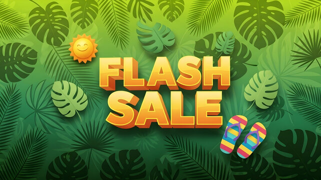 Tropical Jungle Layered Background with 3D "FLASH SALE" Text and Summer Icons