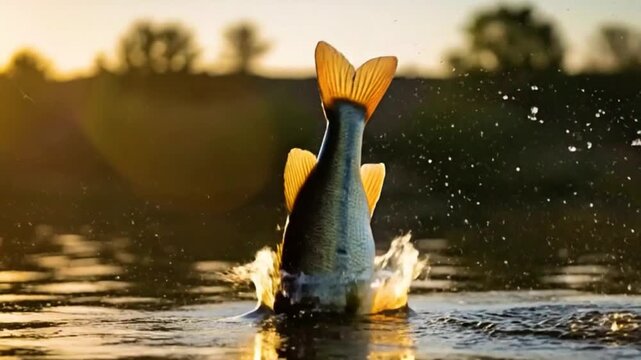 A large bass fish leaps out of the water, mouth open, with a splash during a sunny day