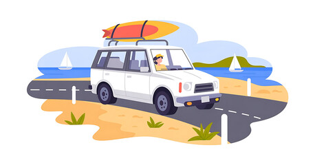 White suv loaded with surfboard and kayak embarks on a scenic coastal road trip adventure