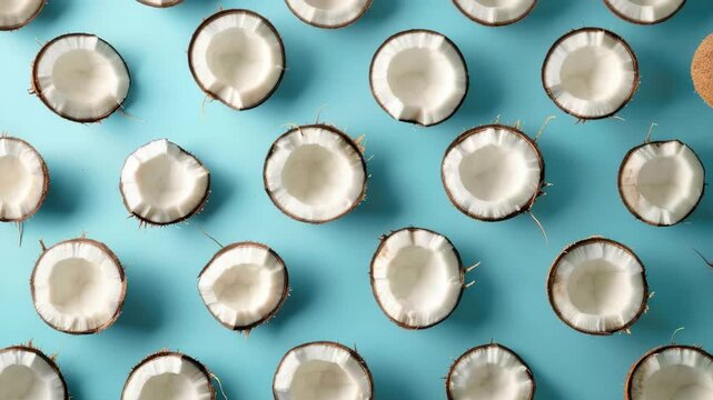 Coconut halves arranged on a bright blue background creating a repeating pattern of fresh fruit details.