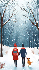 Couple holding hands while walking with dog in snowy winter forest 