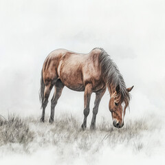 Obraz premium Horse grazing on grass in a serene, misty landscape 