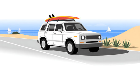 White SUV with surfboard on roof driving towards a tropical beach destination