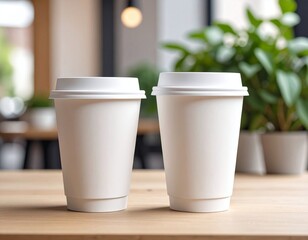 Blank white coffee cups in a bright cafe.