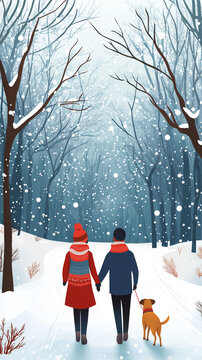 Couple holding hands while walking with dog in snowy winter forest  