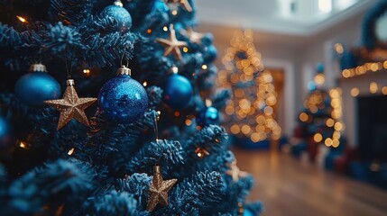A blue Christmas tree with blue and gold ornaments and a star on top. The tree is surrounded by a room with a fireplace and a few other decorations