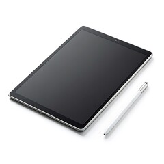 Black screen tablet device with silver bezel and white stylus pen on a white background digital pen
