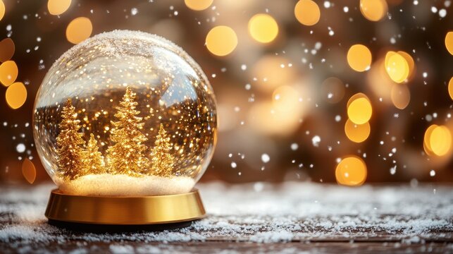 A glass ball with three trees inside of it sits on a wooden table. The snow outside the window creates a cozy atmosphere