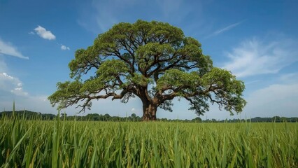 Obraz premium A zelkova tree in a field with green rice plants, featuring sky, summer, travel, nature, spring, grass, and landscape elements