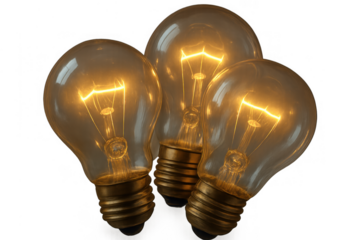 Three glowing incandescent light bulbs illuminating a bright idea, representing energy, innovation, and creativity