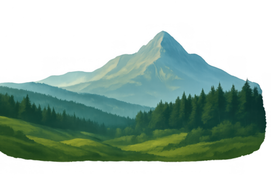 Alpine mountain peak rising above pine tree forests and green meadows, peaceful nature landscape on transparent background
