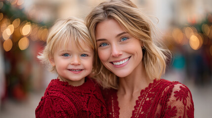Obraz premium Joyful mother holding her smiling son in festive red outfits outdoors 
