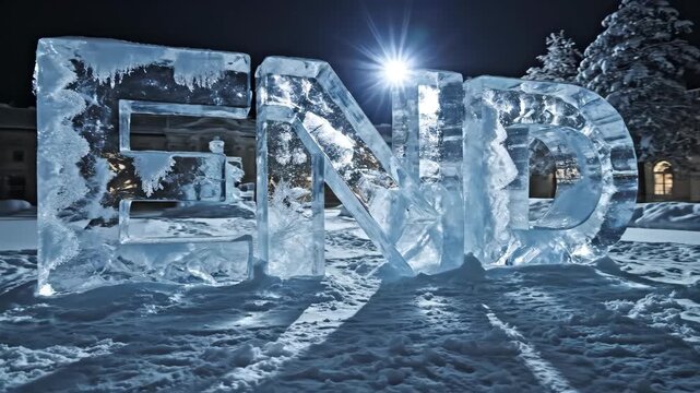 Ice Sculpture of the Word END Standing in Winter Snow