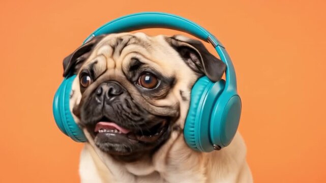 Cool pug dog listening to music with blue headphones, grooving to the rhythm and having fun in vibrant color, a playful pet video moment