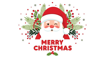 Cheerful santa claus winking with merry christmas text, surrounded by festive foliage and berries, perfect for holiday greetings, invitations, and seasonal promotions