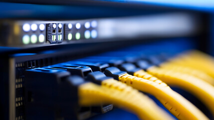 Close-up of network server with yellow cables plugged in, indicators lit up on top rack, blue tones, blurry background. Communication tech, data center.