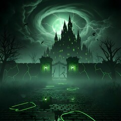 Sinister Citadel Gate with Green Crack Glow and Swirling Moon