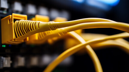 Close-up shot capturing a vibrant yellow network cable plugged into a dark server, emphasizing connectivity and technology. The server is dimly lit, adding depth.