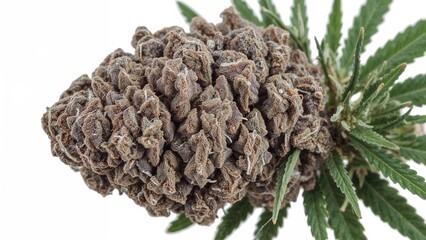 Close-up of a large, beautiful purple bud of legal medical marijuana with white pistil hairs, cultivated in a controlled environment and isolated from its background.