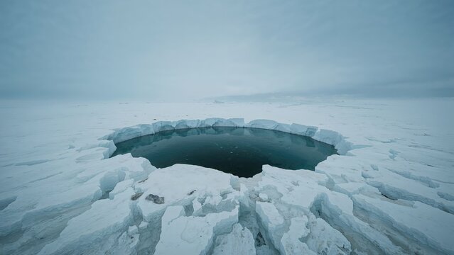 View of a hole in a frozen lake showing ice and snow.