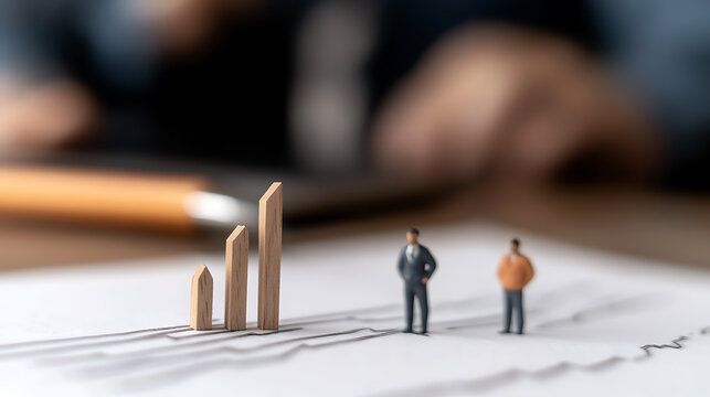 Miniature figures stand near a rising graph, symbolizing business growth and team analysis. The scene evokes a sense of strategy, financial review, and optimistic future trends.