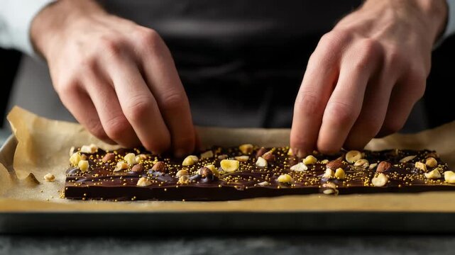Closeup of a chef&rsquo;s hands carefully decorating a homemade chocolate bar with assorted nuts and golden sprinkles on parchment paper. Gourmet dessert preparation in a modern kitchen