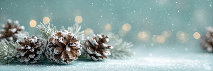 Winter Scene With Snow-Covered Pine Cones and Festive Lights in a Serene Setting