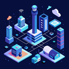 Fototapeta premium Isometric Vector Illustration of a Connected Cityscape Buildings, Towers, and Networks in a Modern, Futuristic Style with Wireless Technology, Data Flow, and Urban Planning Concepts