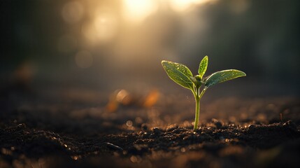Fresh Green Sprout Emerging From Rich Soil in a Bright Morning Light Setting