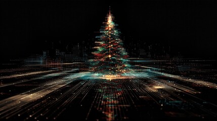 Brightly Lit Christmas Tree Surrounded by Dazzling Lights in a Vibrant Digital Landscape