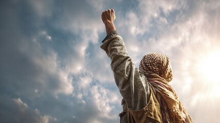 Person Raising Fist Against a Cloudy Sky During Sunset