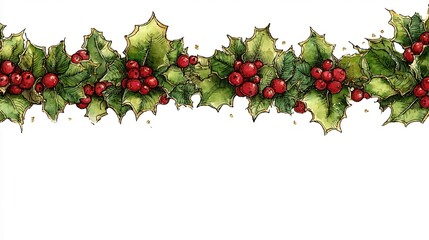 Holiday Garland Featuring Holly Leaves and Red Berries in Festive Design