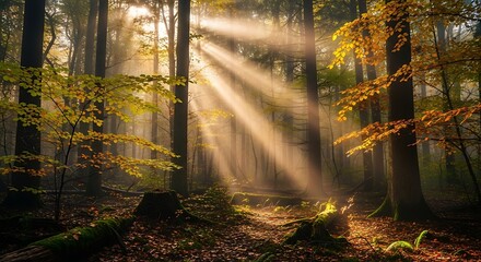 Obraz premium Sunlight Streaming Through Autumnal Forest Canopy - A Serene Woodland Scene.