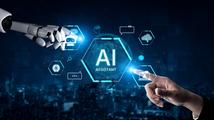 Fototapeta premium A generative AI presents itself as a global virtual assistant. This system is designed to provide intelligent user support, manage data, and facilitate communication via chatbots. Fermion